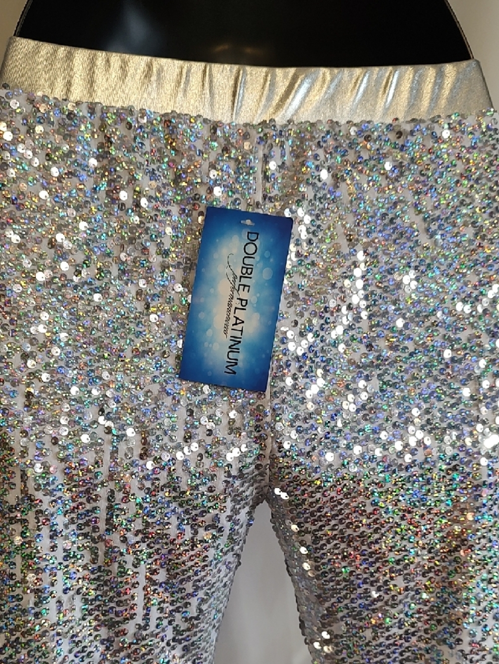 Silver Sequin Leggings - Sparkle High-Waist Stretch Pants - Picture 6 of 10